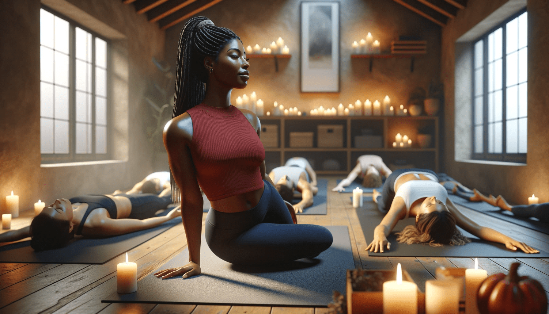 image-of-a-female-yoga-instructor-teaching-a-relaxation-pose-in-a-cozy-candle-lit-studio.-The-instructor-is-a-Black-woman-in-her-40s